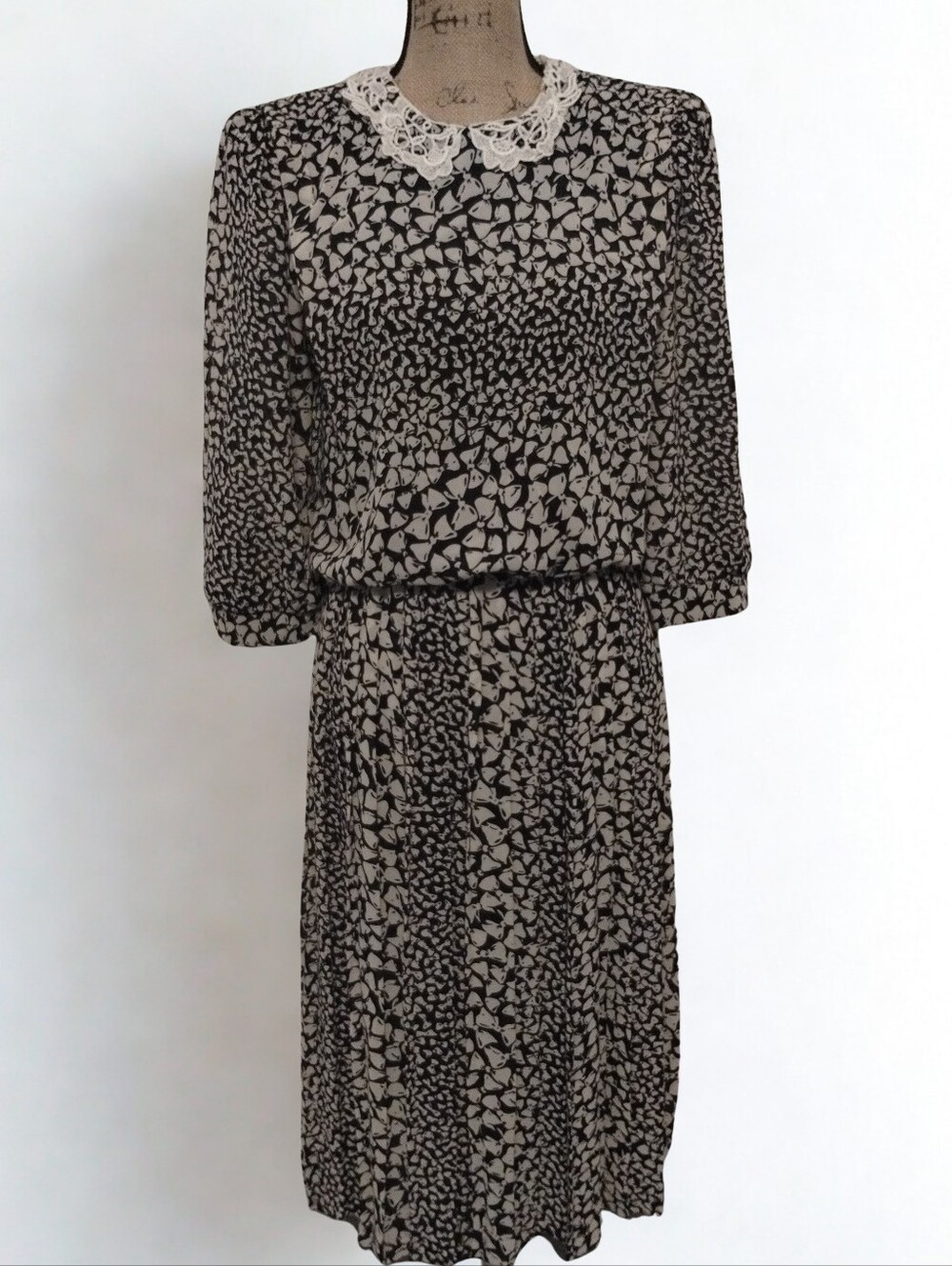 Vintage 80s Union Made Secretary Dress Crochet Peter Pan Collar Women's Size 8